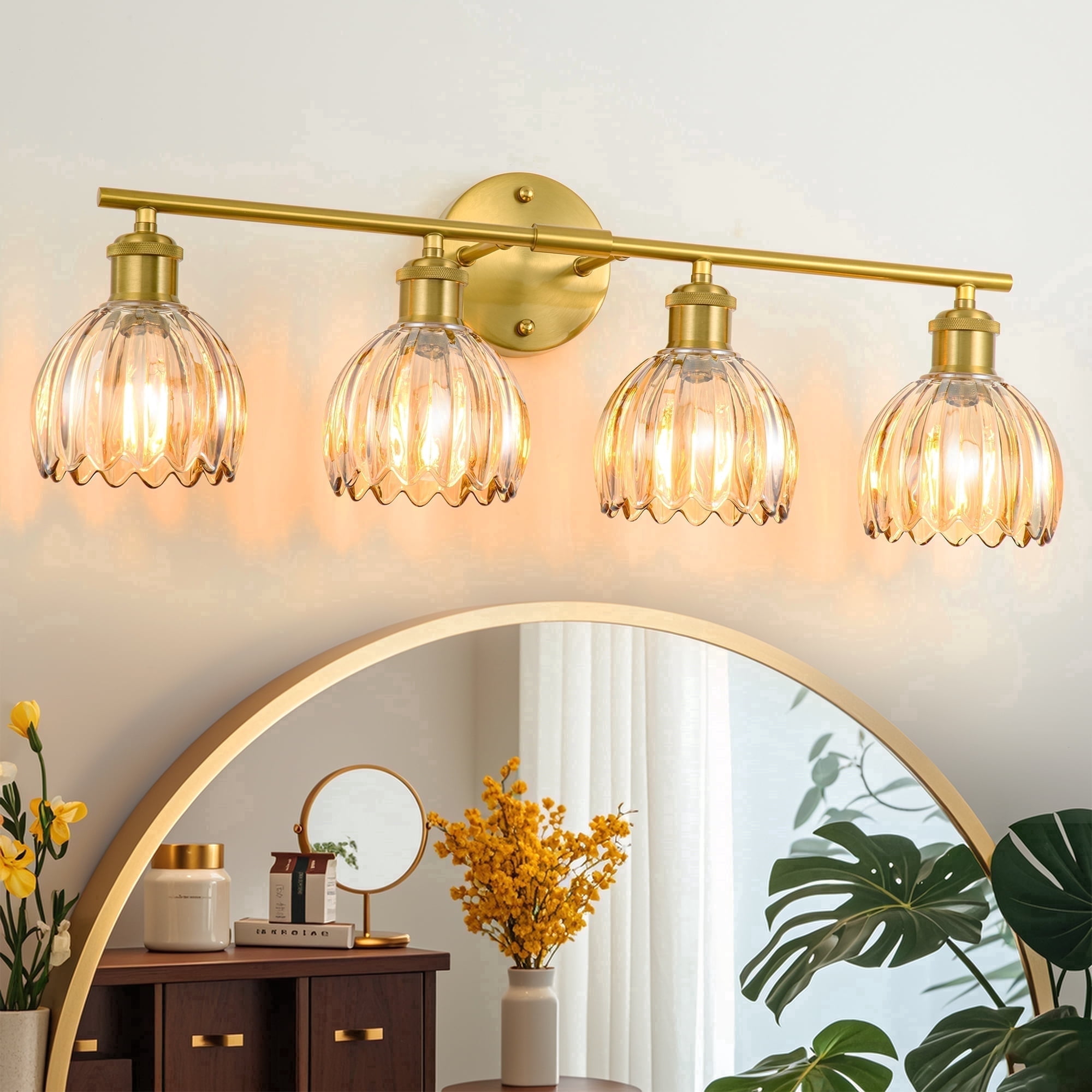 GCGAFUL Modern Gold Bathroom Vanity Light Fixtures, 26 in. 4-Light Bathroom Lights Fixtures Over Mirror with Amber Tulip Glass Shade