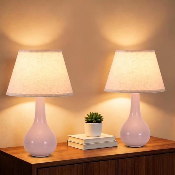 GCGAFUL Modern Pink Ceramic Table Lamp with Textured Base, Farmhouse Rustic Bedside Lamp with Fabric for Living Room, Bedroom Nightstand