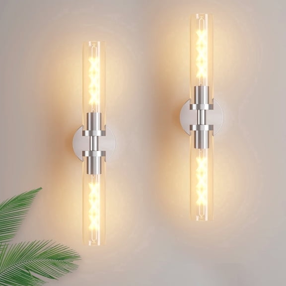 GCGAFUL Nickel Bathroom Wall Lights Set of 2, Modern Sconces with Clear Glass, Hardwired Horizontal/Vertical Mounting for Bedroom, Hallway