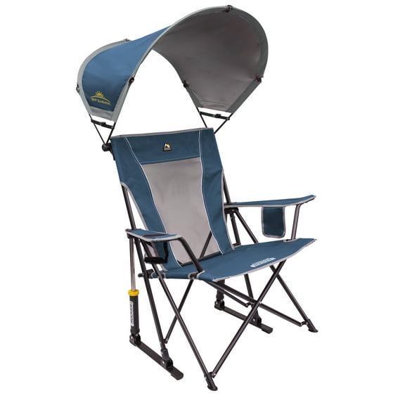 GCI Outdoor SunShade Rocker Foldable Rocking Camp Chair with Shade Canopy, Neptune Blue
