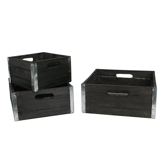 GCI Set of 3 Brown and Silver Solid Square Nesting Wood Crates 11"