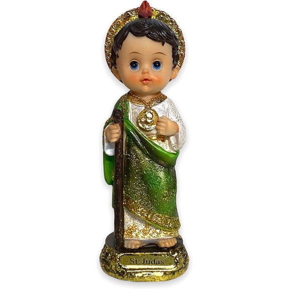 GCK St Jude Baby Face 8'' Inch Statue Figurine Imagen Estatua San Judas Infantil Religious Gift, Green