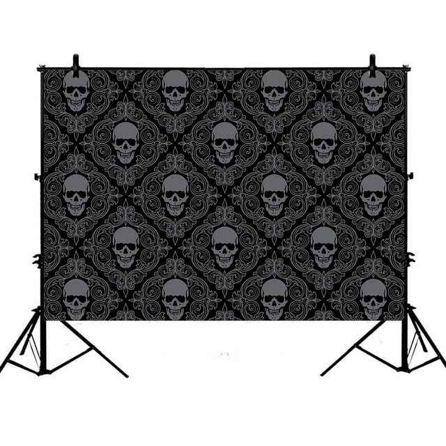 GCKG 7x5ft Dark Balck World Design Skull With Lacy Pattern Polyester Photography Backdrop Studio Photo Props Background