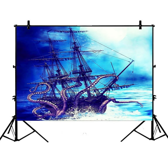 GCKG 7x5ft Pirate Ship Octopus Polyester Photography Backdrop Studio Photo Props Background