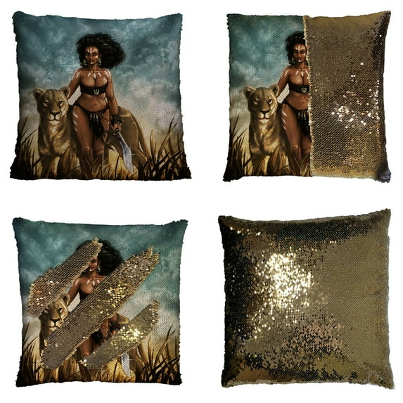 GCKG African Woman With Wild Leopard Reversible Mermaid Sequin Pillow Case Home Decor Cushion Cover 16x16 inches