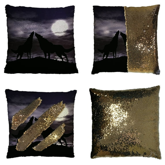 GCKG Animal Pillowcase, Two Wolves in the Night Sky with Full Moon Reversible Mermaid Sequin Pillow Case Home Decor Cushion Cover 18x18 inches