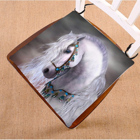 GCKG Artistic White Horse Unique Chair Pad Seat Cushion Chair Cushion Floor Cushion with Breathable Memory Inner Cushion and Ties Two Sides Printing 16x16 inches