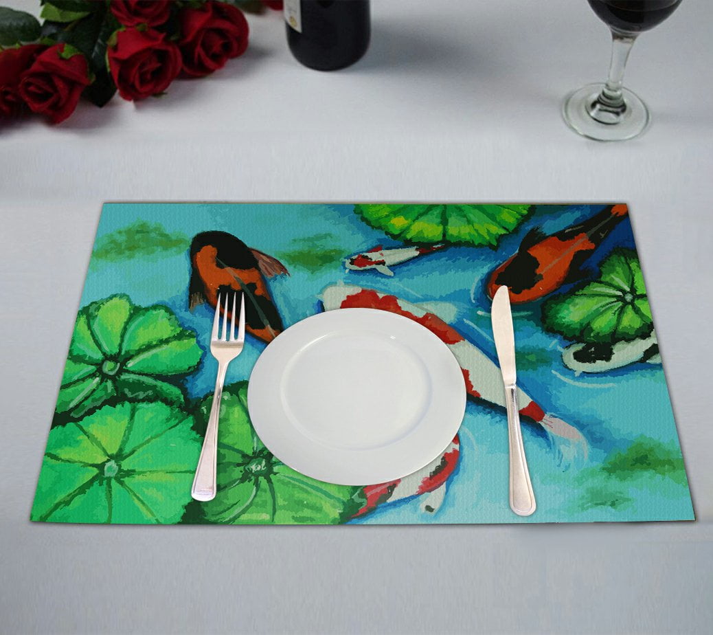GCKG Asian Placemat, Japanese Koi Fish Painting Placemat 12x18 Inch,Set