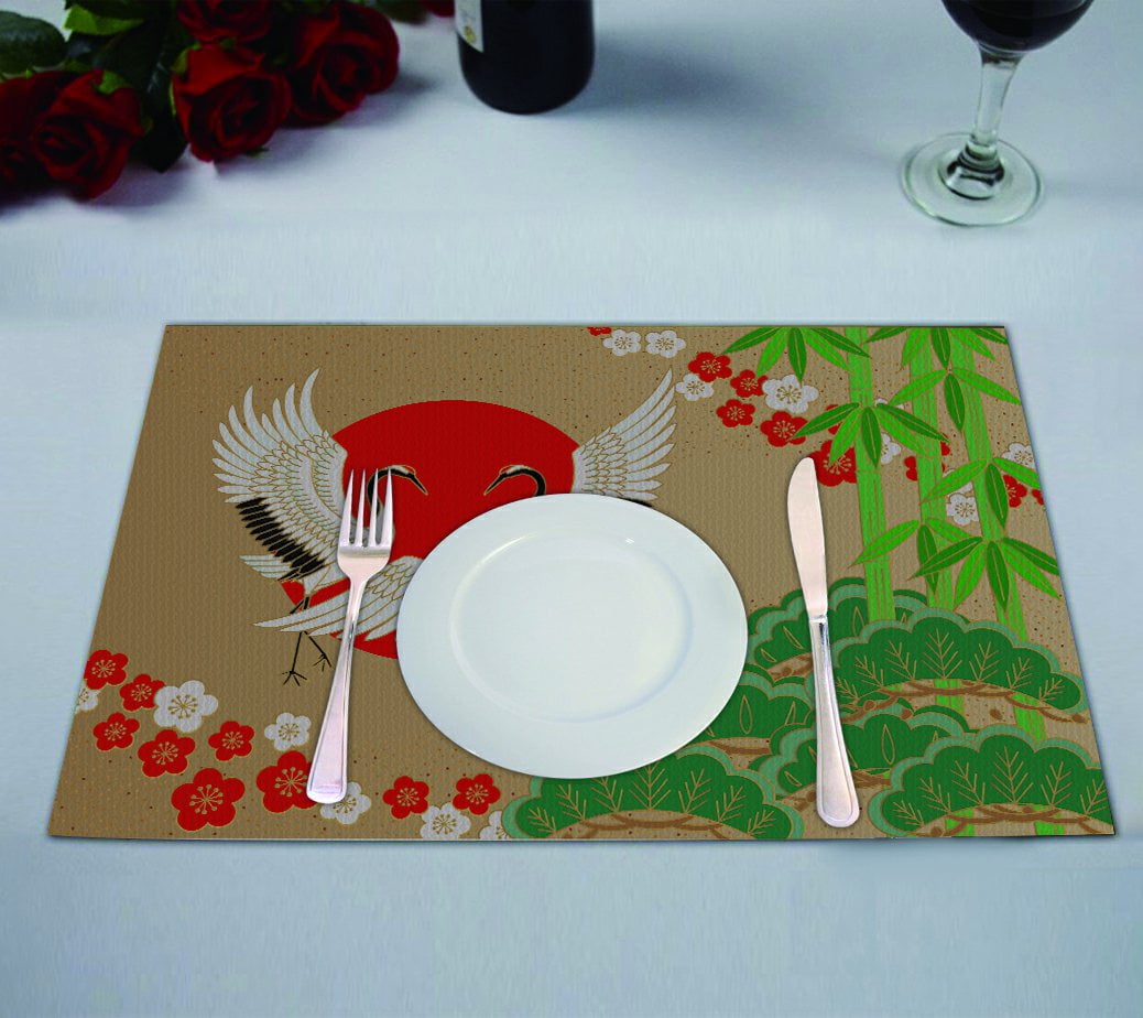 GCKG Asian Placemat, Japanese Style with Cranes and Pine Bamboo Placemat 12x18 Inch,Set of 2