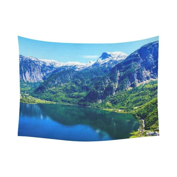 GCKG Austria Snowy Mountain View Valley Lake Tapestry Wall Hanging Green Forest Landscape Wall Decor Art for Living Room Bedroom Dorm Cotton Linen Decoration 80 x 60 Inches