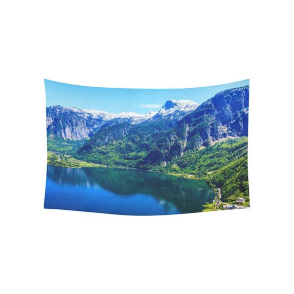 GCKG Austria Snowy Mountain View Valley Lake Tapestry Wall Hanging Green Forest Landscape Wall Decor Art for Living Room Bedroom Dorm Cotton Linen Decoration 60 x 40 Inches