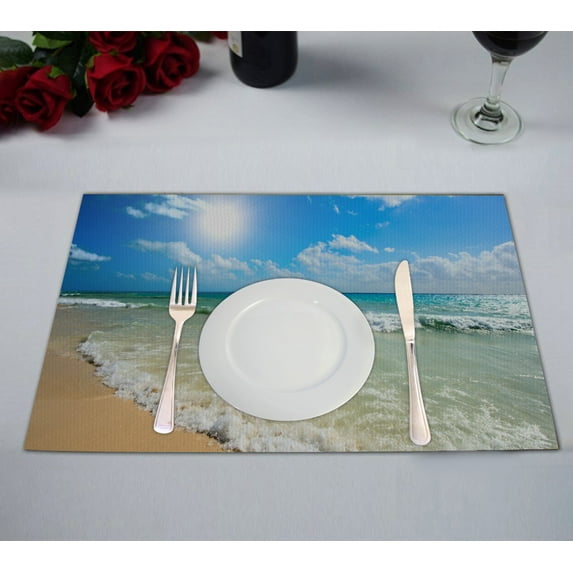 GCKG Beach Placemat,Summer Beach Blue Sea Palm Tree Sunshine Table Placemat 12x18 Inch Set of 2