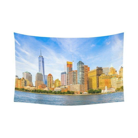 GCKG Beautiful Evening of the Manhattan New York Cityscape Tapestry Horizontal Wall Hanging City Skyline Wall Decor Art for Living Room Bedroom Dorm Cotton Linen Decoration 90 x 60 Inches