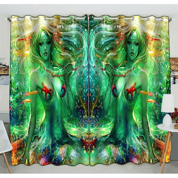 GCKG Beautiful Mermaid with an Attractive Figure Fish Window Curtain Kitchen Curtain Size 52(W) x 84 inches (Two Piece)