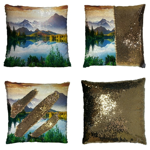 GCKG Beautiful Nature Landscape Pillowcase, Fantastic Sunny Day is in Mountain Lake Reversible Mermaid Sequin Pillow Case Home Decor Cushion Cover 16x16 inches