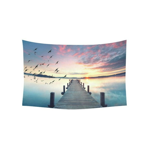 GCKG Bird Sunrise Wood Bridge Way Pier Lake Tapestry Wall Hanging Cloud Sunset Landscape Wall Decor Art for Living Room Bedroom Dorm Cotton Linen Decoration 60 x 40 Inches