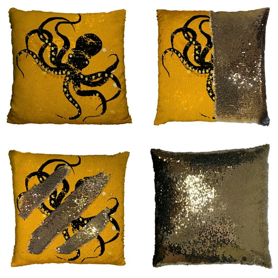 GCKG Black Octopus Yellow Reversible Mermaid Sequin Pillow Case Home Decor Cushion Cover 18x18 inches