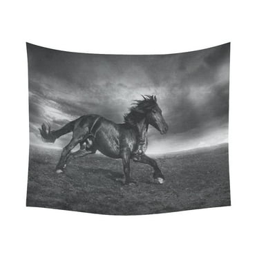 GCKG Black and White Running Field Horse Tapestry Wall Hanging Nature Abstract Wildlife Wall Decor Art for Living Room Bedroom Dorm Cotton Linen Decoration 60 x 51 Inches