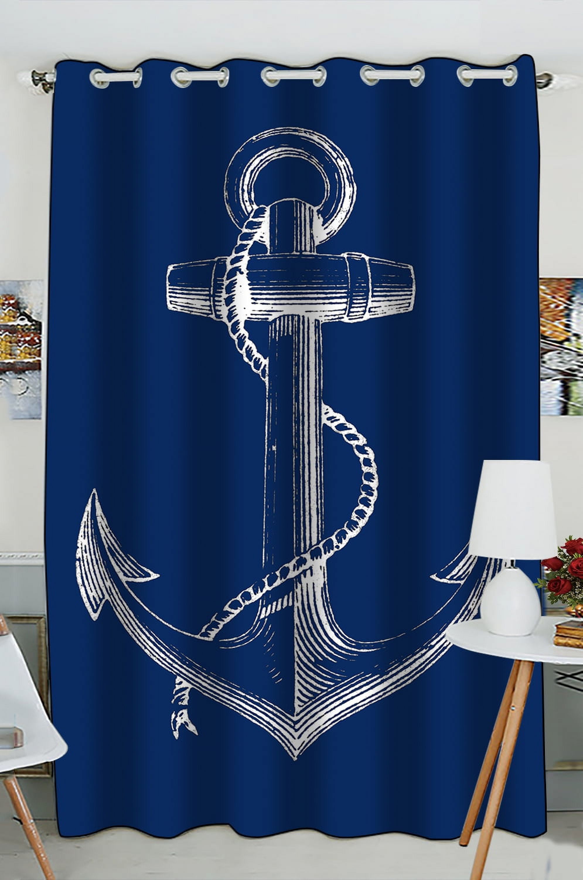 GCKG Blue Anchor Window Curtain,Nautical Navy Blue Anchor Grommet ...