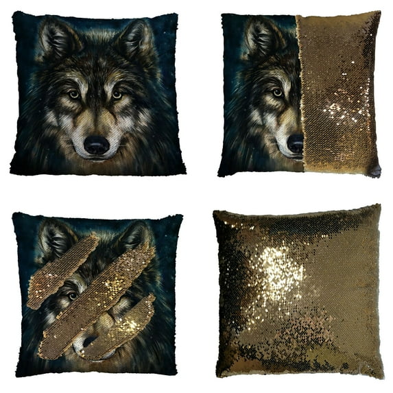 GCKG Brave Black Wolf Reversible Mermaid Sequin Pillow Case Home Decor Cushion Cover 16x16 inches