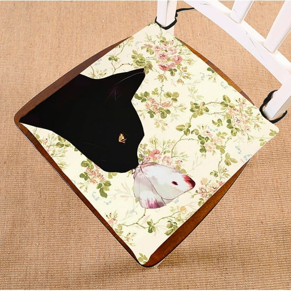 GCKG Cat and the Butterfly in Floral Pattern Chair Pad Seat Cushion Chair Cushion Floor Cushion with Breathable Memory Inner Cushion and Ties Two Sides Printing 20x20 inches