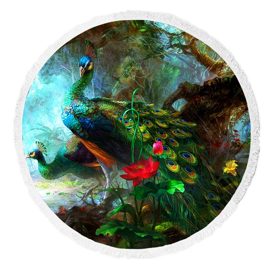 GCKG Charming Peacocks in the Jungle Round Beach Towel Beach Mats Beach Shawl Beach Blanket Beach Throw Towel Yoga Mat