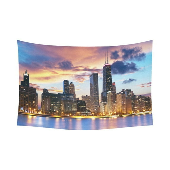 GCKG Chicago Skyline Tapestry Horizontal Wall Hanging Dream Night View Chicago Cityscape Wall Decor Art for Living Room Bedroom Dorm Cotton Linen Decoration 90 x 60 Inches