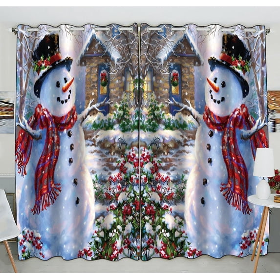 GCKG Christmas Snowman Xmas Santa Claude Window Curtain Kitchen Curtain Window Drapes Panel for Living Room Bedroom Size 52(W) x 84(H) inches (Two Piece)