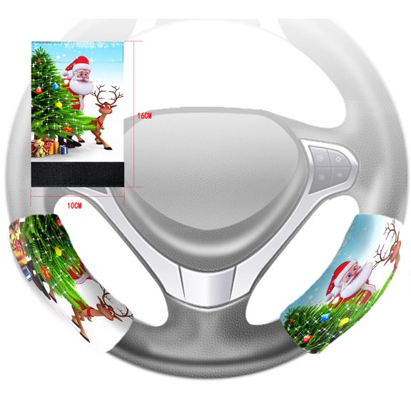 GCKG Christmas Tree Reindeer Steering Wheel Cover Anti-slip Wheel Sleeve Protector Hook and Loop Covers Size 10x16cm Set of 2