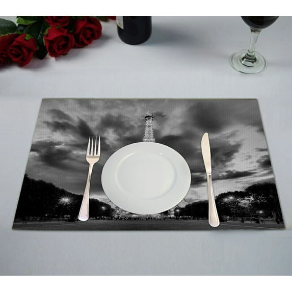 GCKG City Landmark Placemat, Paris Eiffel Tower Black and White Placemat 12x18 Inch,Set of 2