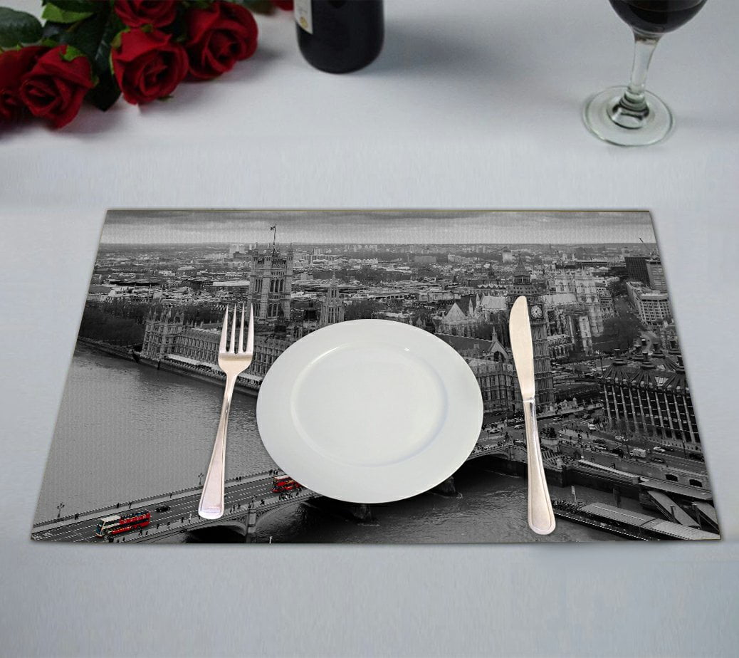 GCKG Cityscape Placemat, Black and White Aerial View of the Houses of
