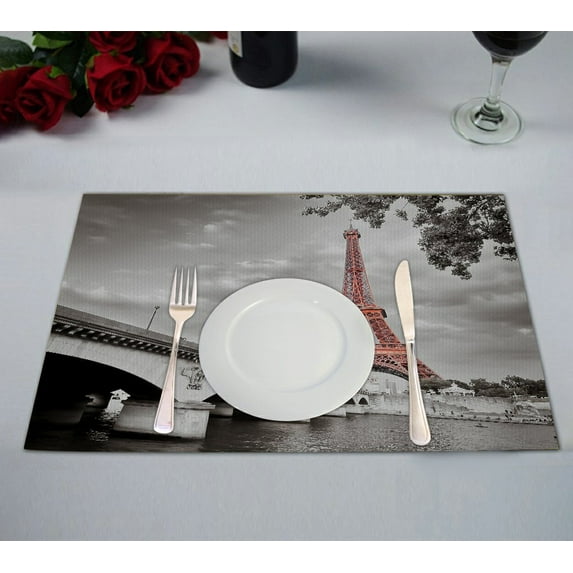 GCKG Cityscape Placemat, View of Paris Eiffel Tower in Monochrome Style Placemat 12x18 Inch,Set of 2