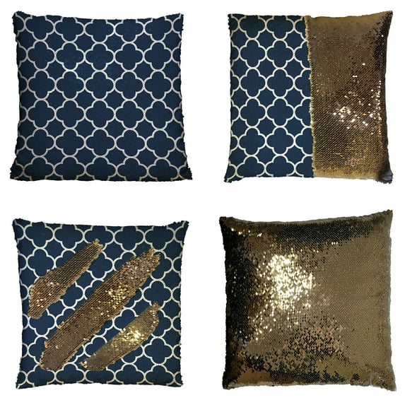 GCKG Classic Navy Blue Quatrefoil Reversible Mermaid Sequin Pillow Case Home Decor Cushion Cover 16x16 inches