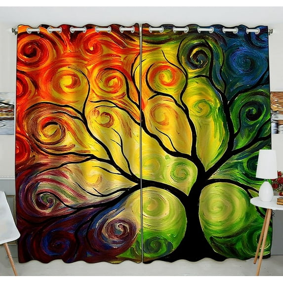 GCKG Colorful Art Tree Window Curtain Kitchen Curtain Window Drapes Panel for Living Room Bedroom Size 52(W) x 84(H) inches (Two Piece)