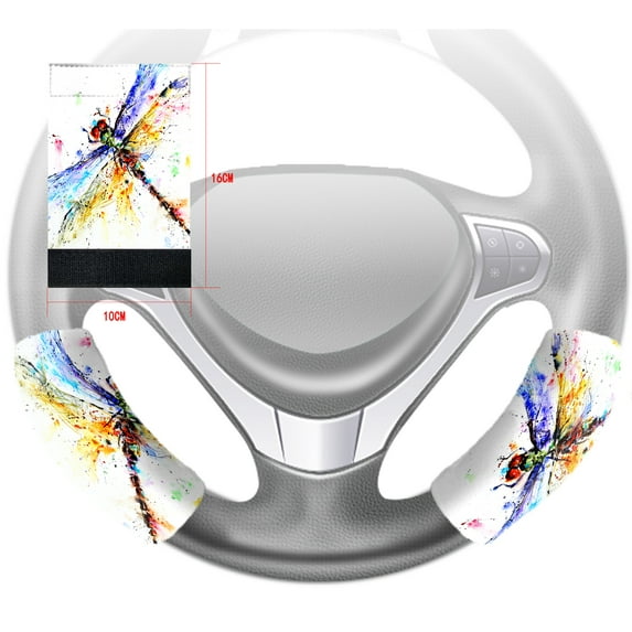 GCKG Colorful Dragonfly Art Steering Wheel Cover Anti-slip Wheel Sleeve Protector Hook and Loop Covers Size 10x16cm Set of 2