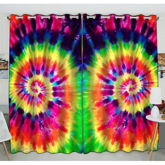 GCKG Colorful Tie Dye Window Curtain,Colorful Tie Dye Grommet Blackout Curtain Room Darkening Curtains For Bedroom And Kitchen Size 52(W) x 84(H) inches (Two Piece)