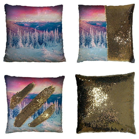 GCKG Colorful Winter Scene Pillowcase, Carpathian Mountains and Snowy Trees Reversible Mermaid Sequin Pillow Case Home Decor Cushion Cover 20x20 inches