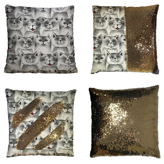 GCKG Cute Cats Seamless Pattern Reversible Mermaid Sequin Pillow Case Home Decor Cushion Cover 20x20 inches