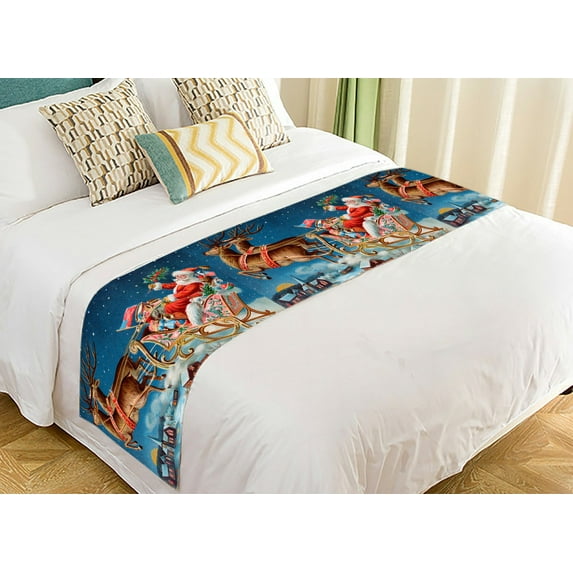 GCKG Festival Bed Runner, Merry Christmas Santa and His Sleigh Coming to Your Home Bed Runners Scarves Bed Decoration 20x95 inch