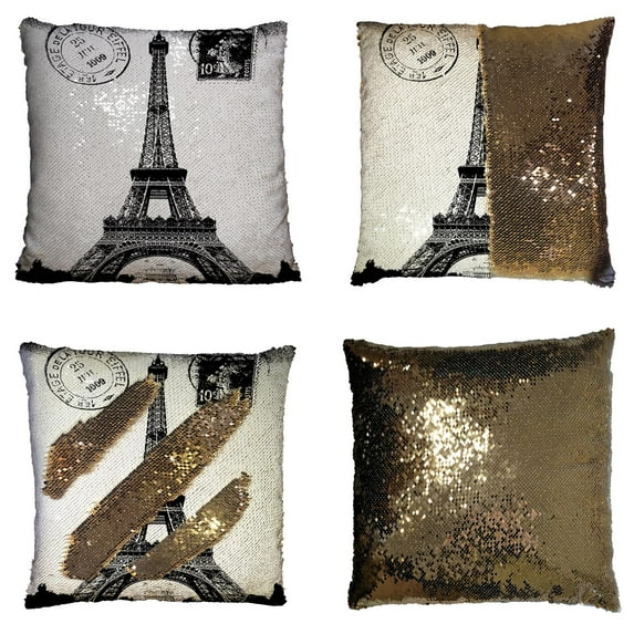 GCKG Frech Paris Eiffel Tower City of Love Black White Reversible Mermaid Sequin Pillow Case Home Decor Cushion Cover 20x20 inches