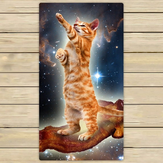 GCKG Funny Bacon Cat in Space Pattern Beach Towel Shower Towel Wrap For Home and Travel Use Size 30x56 inches