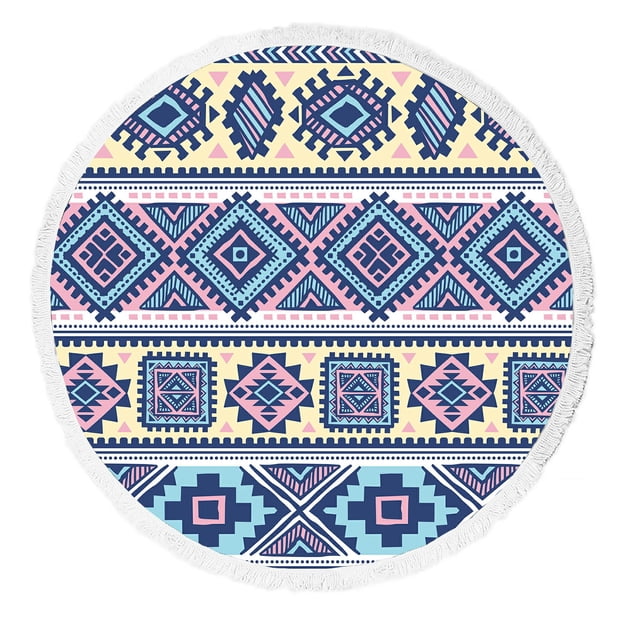 Sleepwish Geometric Beach Towel - 60 Inch Round, Black & White Triangle Design With Tassels, Microfiber