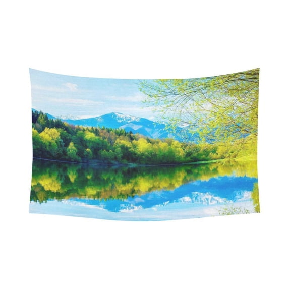 GCKG Green Tree Lake Snow Mountain Landscape Tapestry Horizontal Wall Hanging Beautiful Scenic Wall Decor Art for Living Room Bedroom Dorm Cotton Linen Decoration 90 x 60 Inches