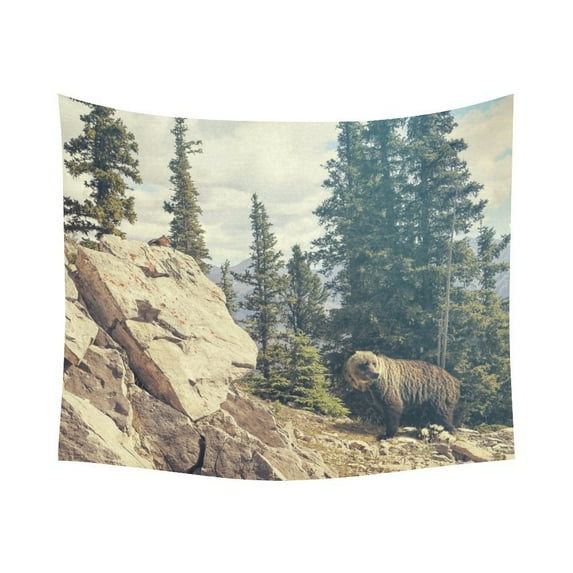 GCKG Grizzly Brown Bear Wild Animal Tapestry Horizontal Wall Hanging Rocky Mountains Forest Tree Landscape Wall Decor Art for Living Room Bedroom Dorm Cotton Linen Decoration 51 x 60 Inches