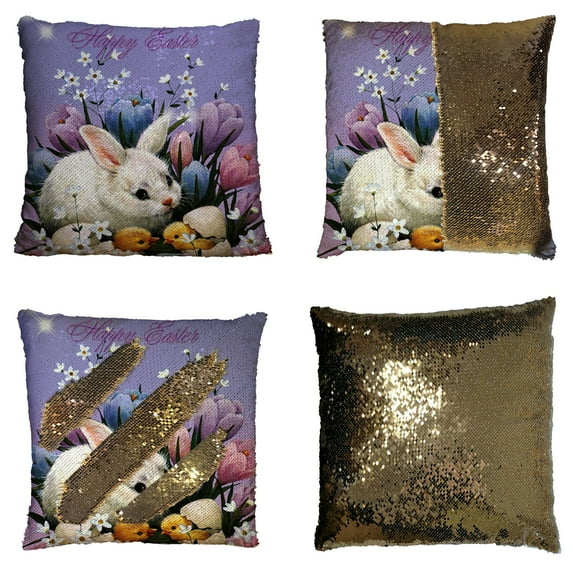 GCKG Happy Easter Reversible Mermaid Sequin Pillow Case Home Decor Cushion Cover 20x20 inches