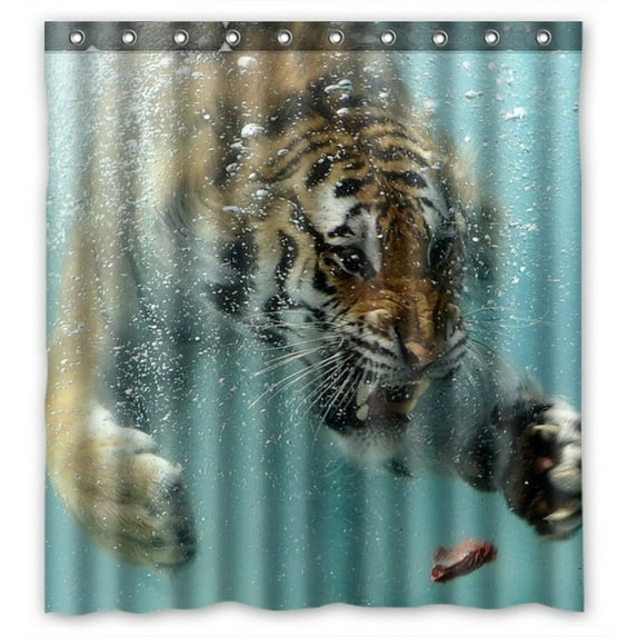GCKG King Of Forest Tiger Swimming To A Meat Bathroom Shower Curtain, Shower Rings Included 100% Polyester Waterproof Shower Curtain 66x72 Inches