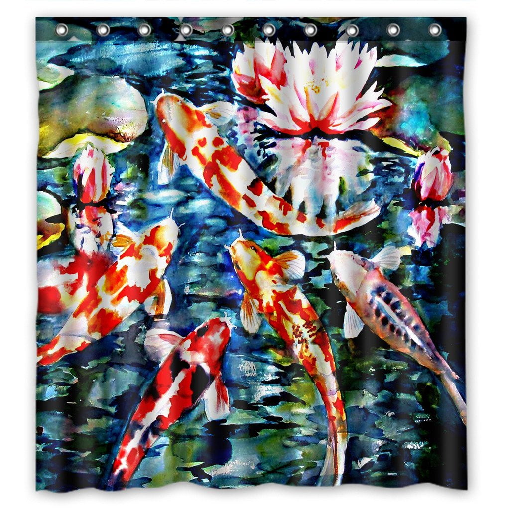 GCKG Koi Fish Waterproof Polyester Shower Curtain and Hooks Size 66x72