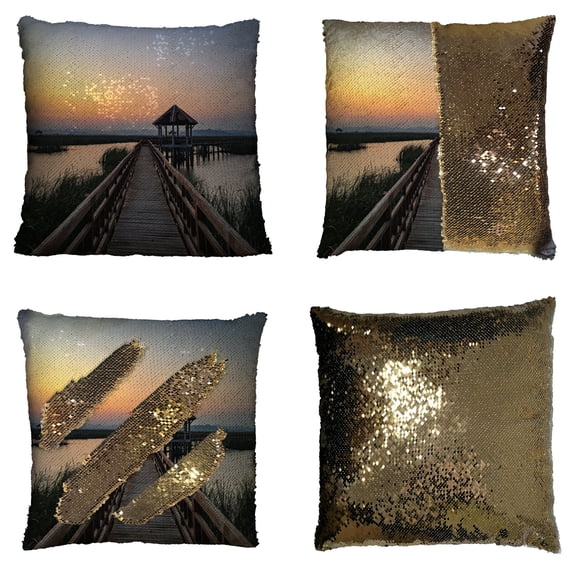 GCKG Landscape Nature Scenery Pillowcase, Wooden Bridge at Sunset Twilight Time Reversible Mermaid Sequin Pillow Case Home Decor Cushion Cover 16x16 inches