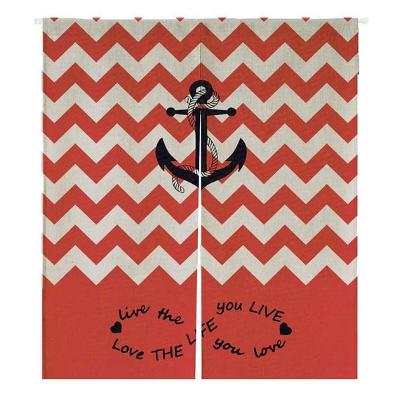 GCKG Live the Life You Love Coral And White Chevron Zig Zag Pattern With Anchor Doorway Curtain Japanese Noren Curtains Door Curtain Entrance Curtain Size 105x120cm