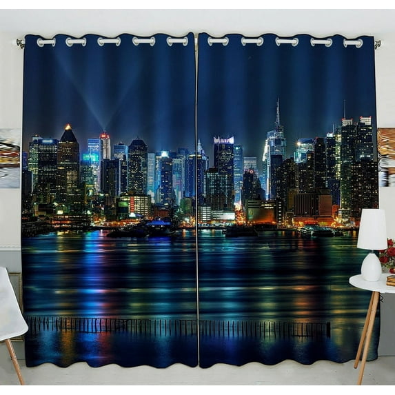 GCKG NYC New York City Colorful Buildings At Night Window Curtain Kitchen Curtain Size 52(W) x 84 inches (Two Piece)